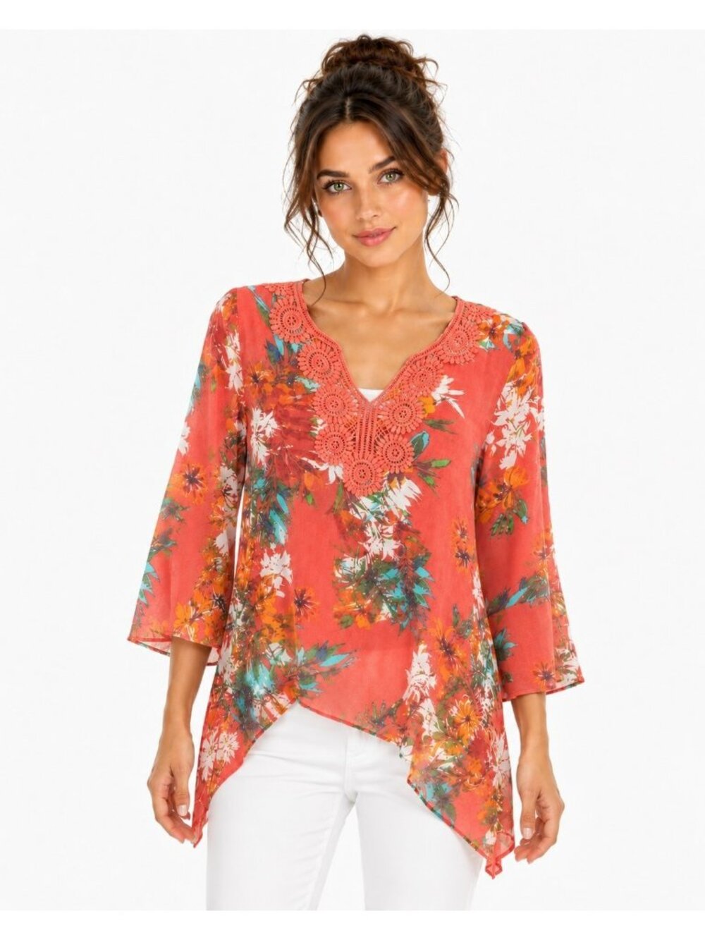 Spense Floral Crochet Trim Tunic Blouse Size Small Coral Tropical Print
